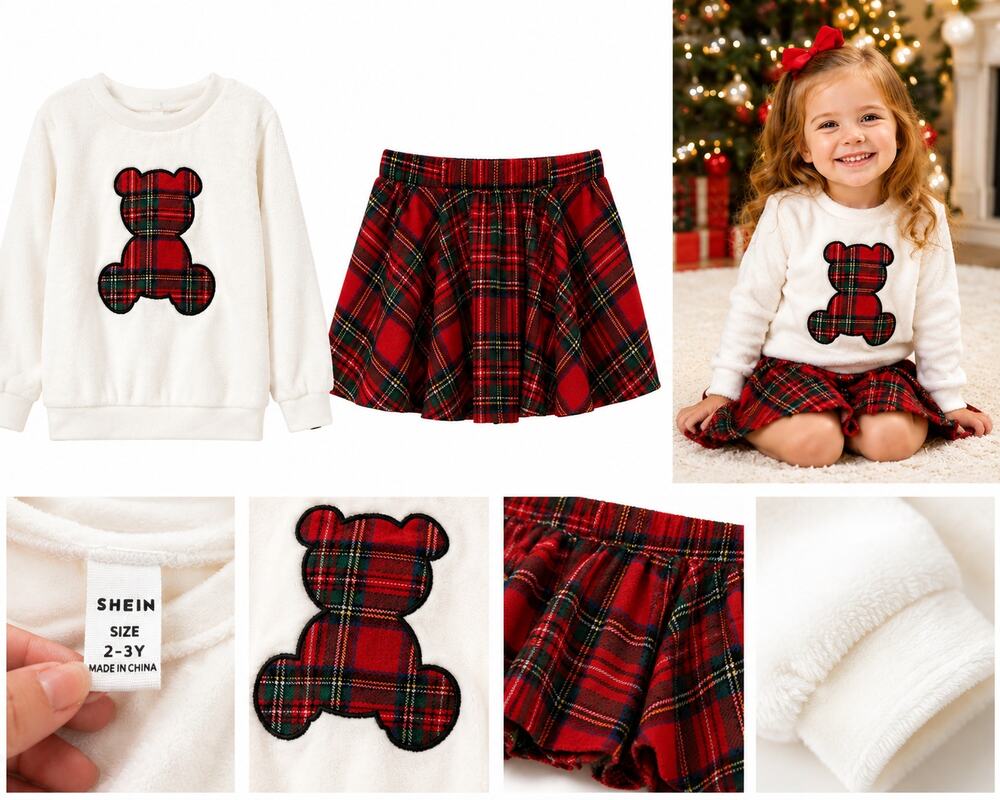 SHEIN Toddler Girls Holiday Plaid Skirt & Teddy Bear Sweatshirt Outfit Set